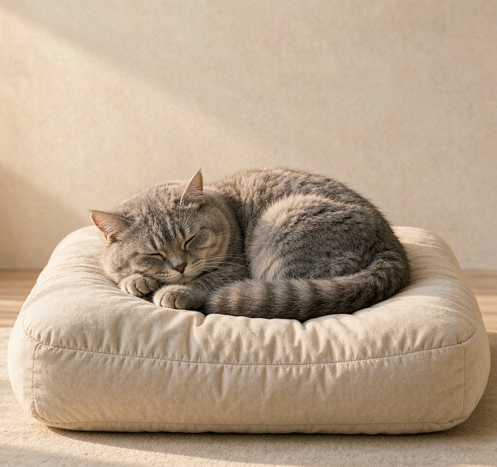 Cat asleep on a bolster orthopaedic pet bed