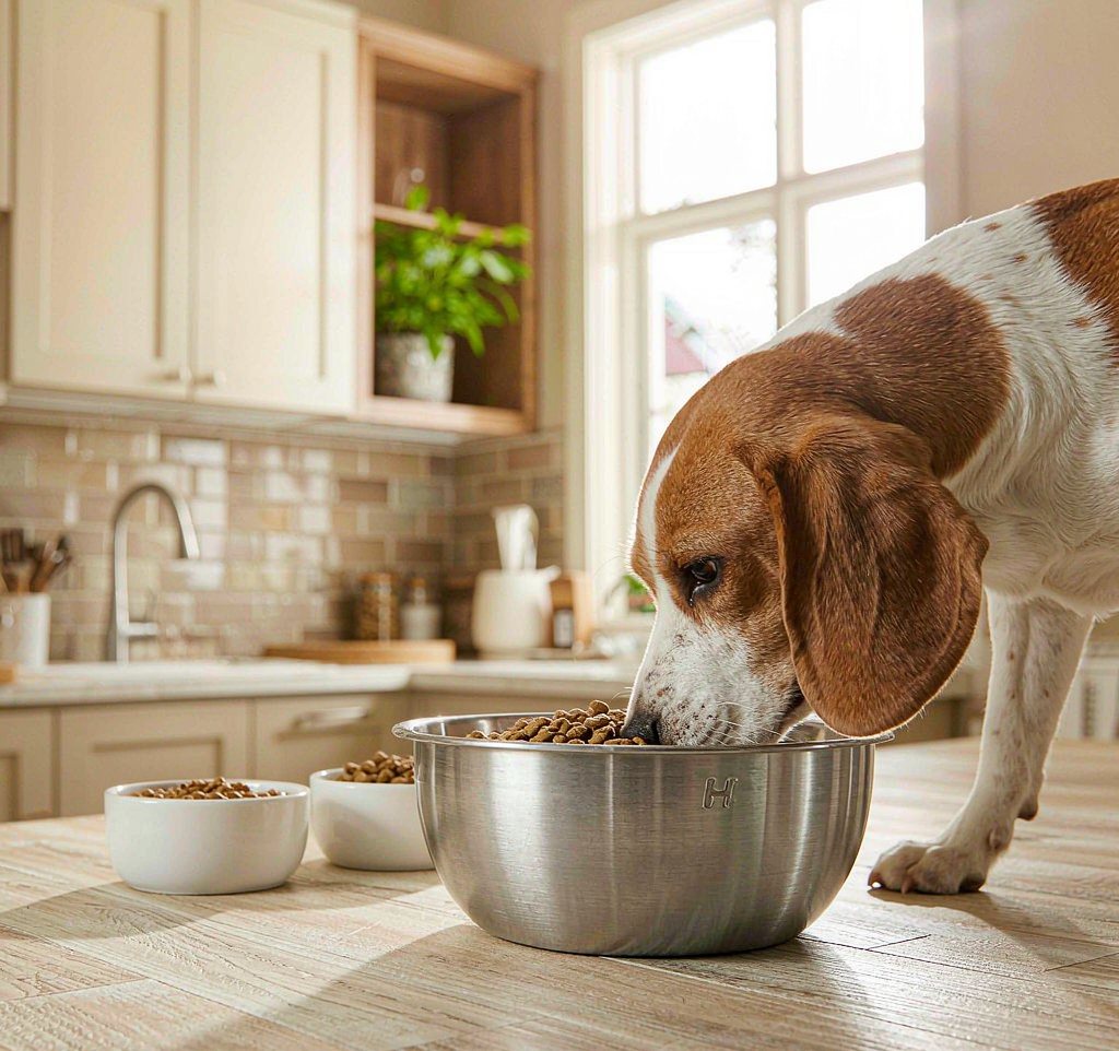 Stainless steel pet bowl in a bright kitchen