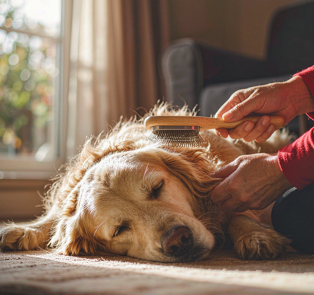 Golden retriever being brushed with a slicker brush