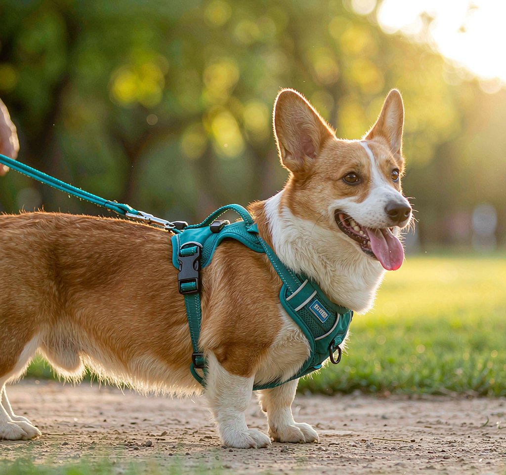 Corgi wearing a teal no-pull harness