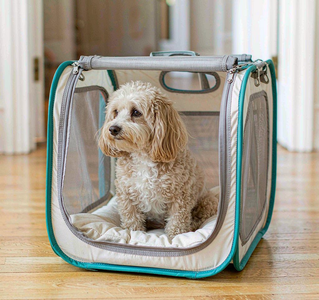 Small dog inside a soft-sided travel carrier